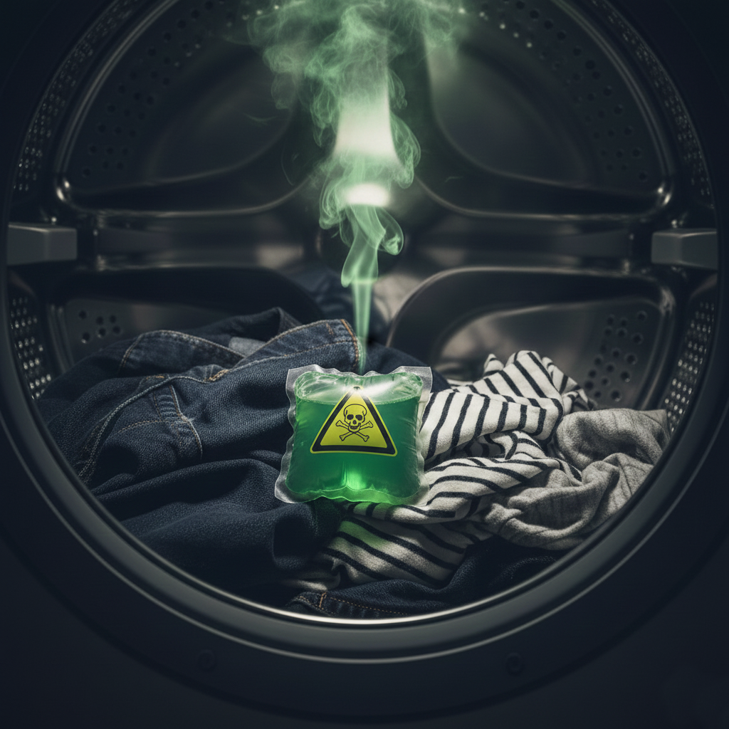 A single green laundry detergent pod featuring a yellow triangular toxic warning symbol, emitting green chemical smoke, lying on mixed dark and light clothing inside a front-loading washing machine drum