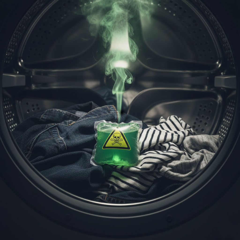 A single green laundry detergent pod featuring a yellow triangular toxic warning symbol, emitting green chemical smoke, lying on mixed dark and light clothing inside a front-loading washing machine drum