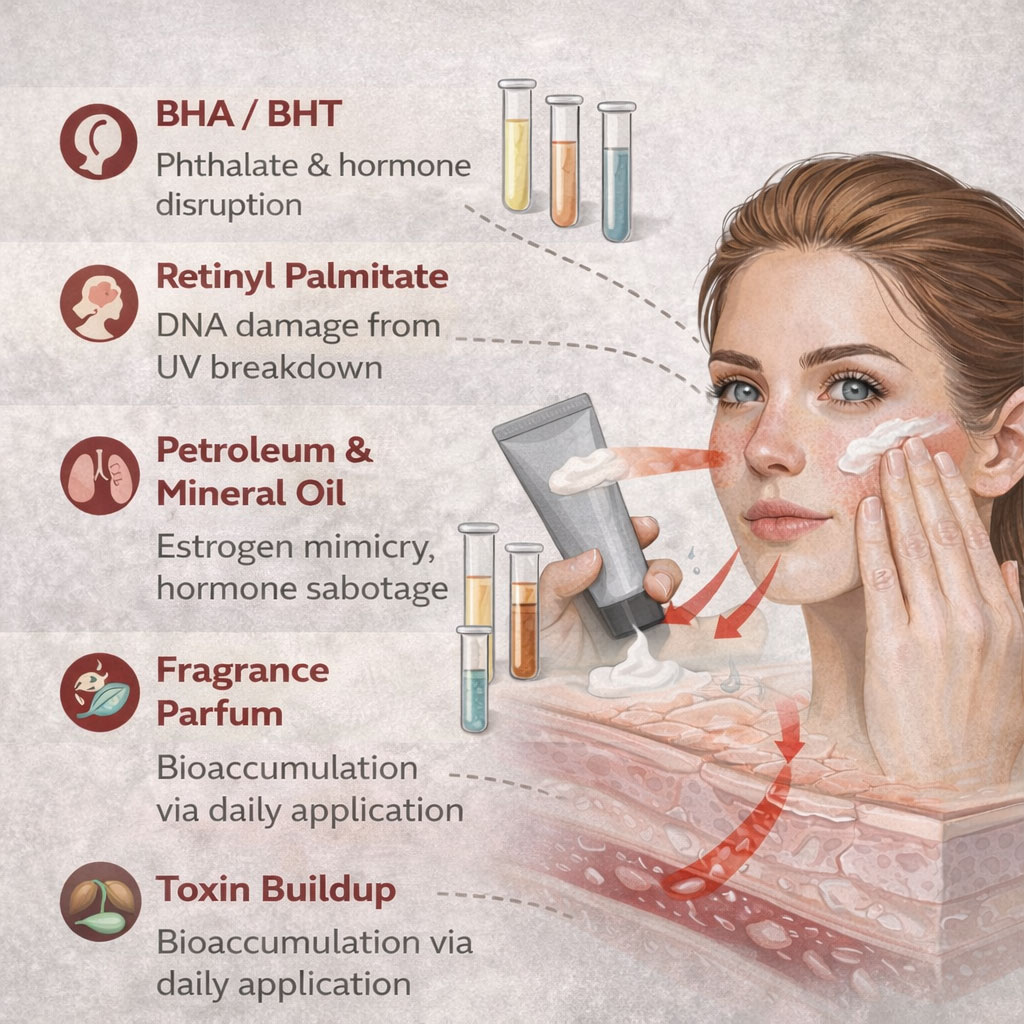 Diagram showing how toxic facial moisturizer ingredients like BHA, retinyl palmitate, petroleum oil, and fragrance absorb into facial skin and contribute to hormone disruption and DNA damage