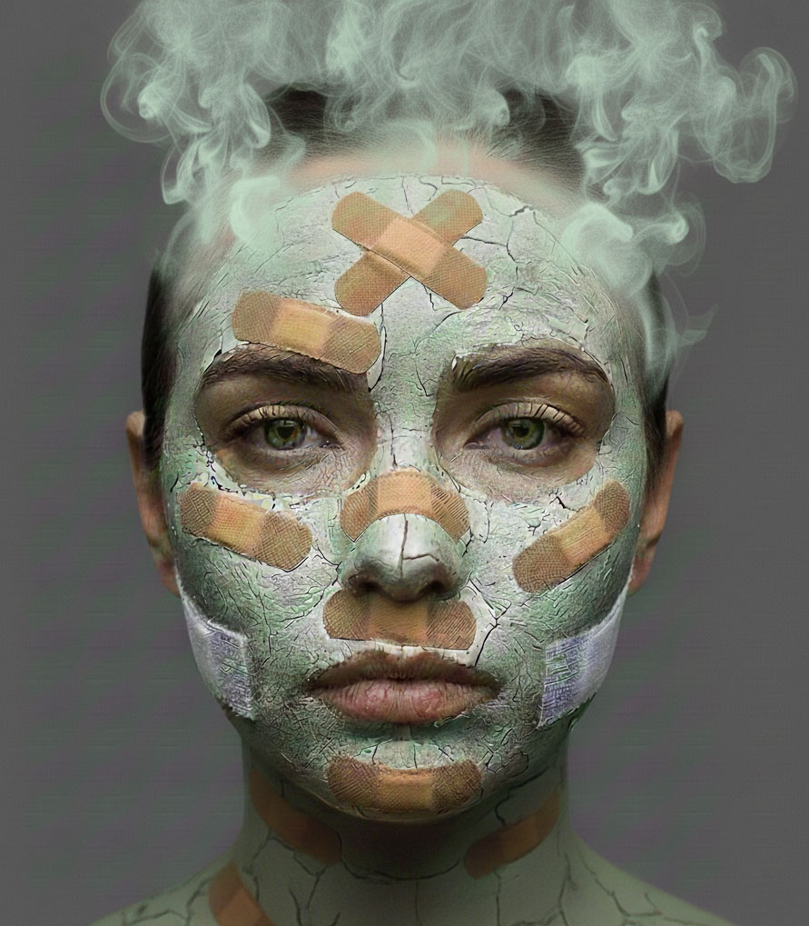 Shocking image of a face covered entirely in skin plasters with smoke near the hairline, symbolizing a severely broken skin barrier damaged by face moisturizer cancer risk ingredients