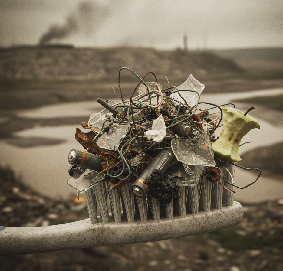 Shocking visual of a toothbrush covered in plastic trash, symbolizing the toxicity and environmental waste of conventional toothpaste and the importance of non-toxic swaps.