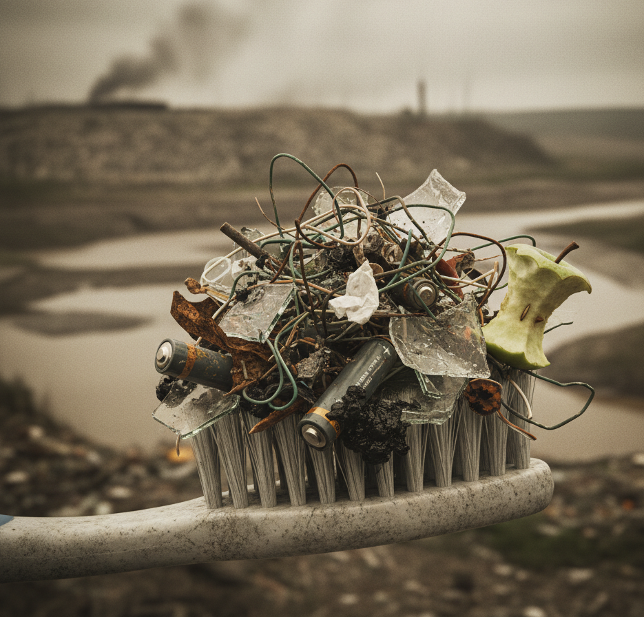 Shocking visual of a toothbrush covered in plastic trash, symbolizing the toxicity and environmental waste of conventional toothpaste and the importance of non-toxic swaps.