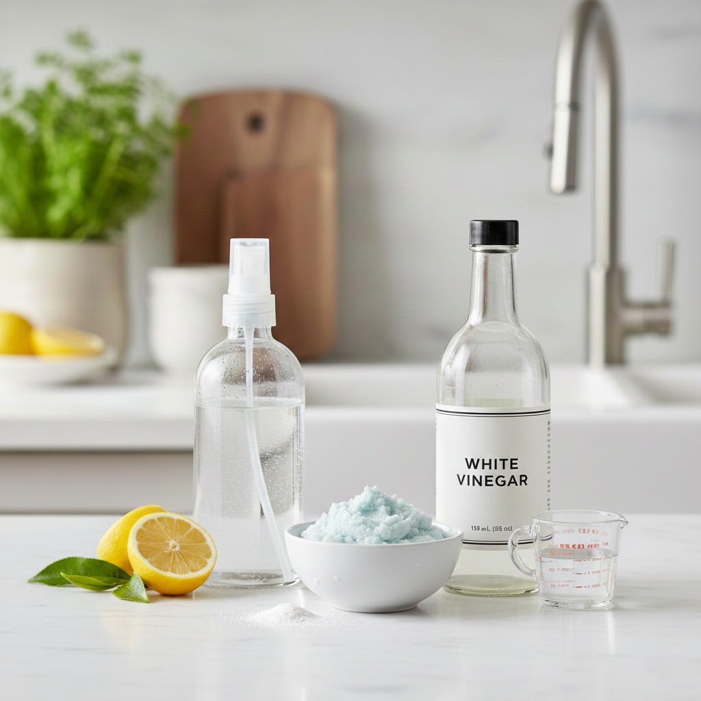 Close-up shot of the simple, two-ingredient non-toxic kitchen spray: a clear bottle of white vinegar next to a lemon, ready for the less-than-a-minute assembly.