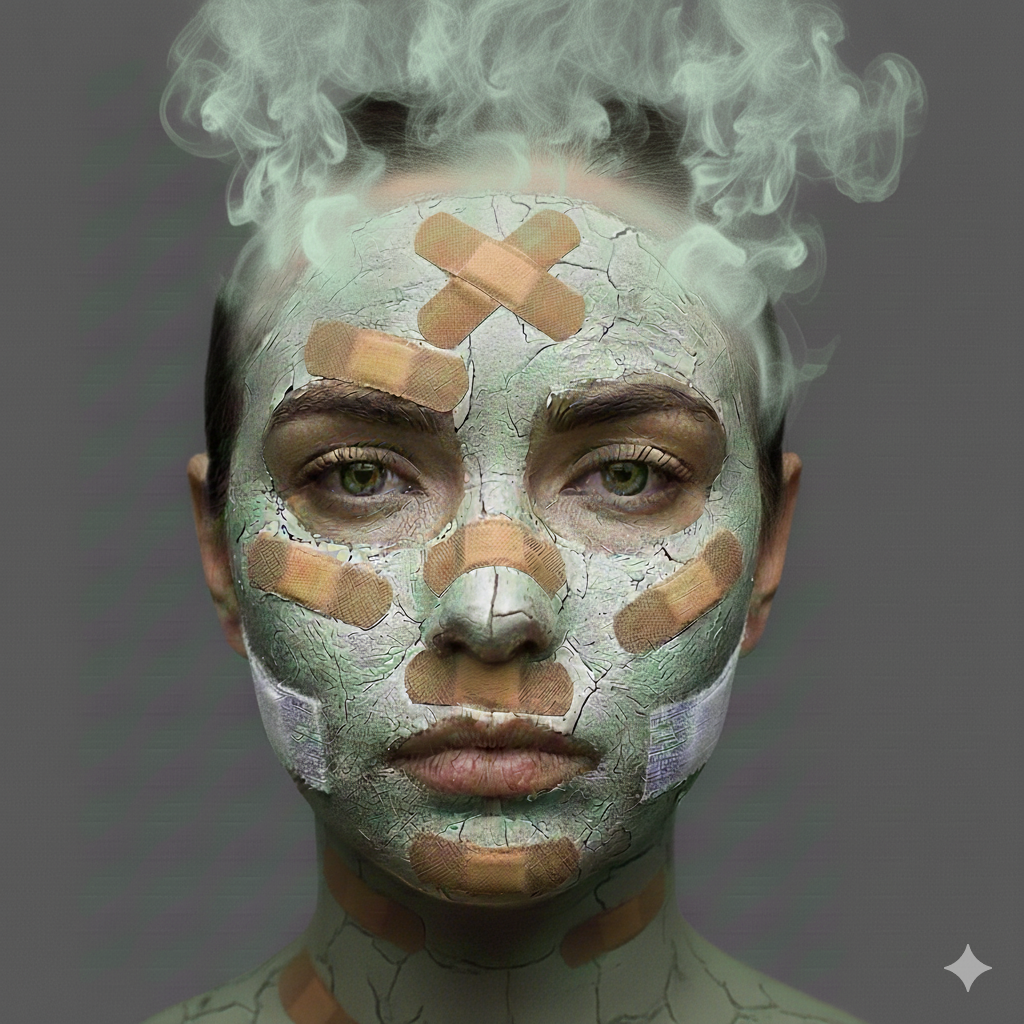 Shocking image of a face covered entirely in skin plasters with smoke near the hairline, symbolizing a severely broken skin barrier damaged by face moisturizer cancer risk ingredients