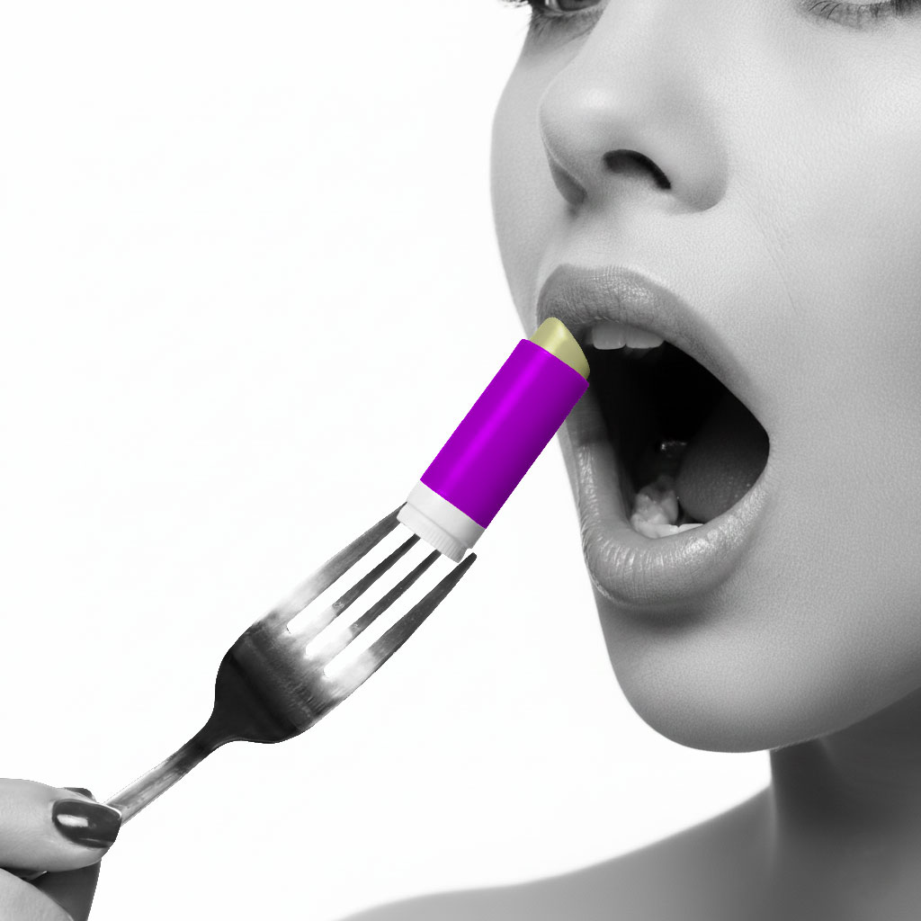 A woman appears shocked as she eats a purple lip balm tube with a fork, emphasizing the dangers of ingesting non-toxic lip balm ingredients.