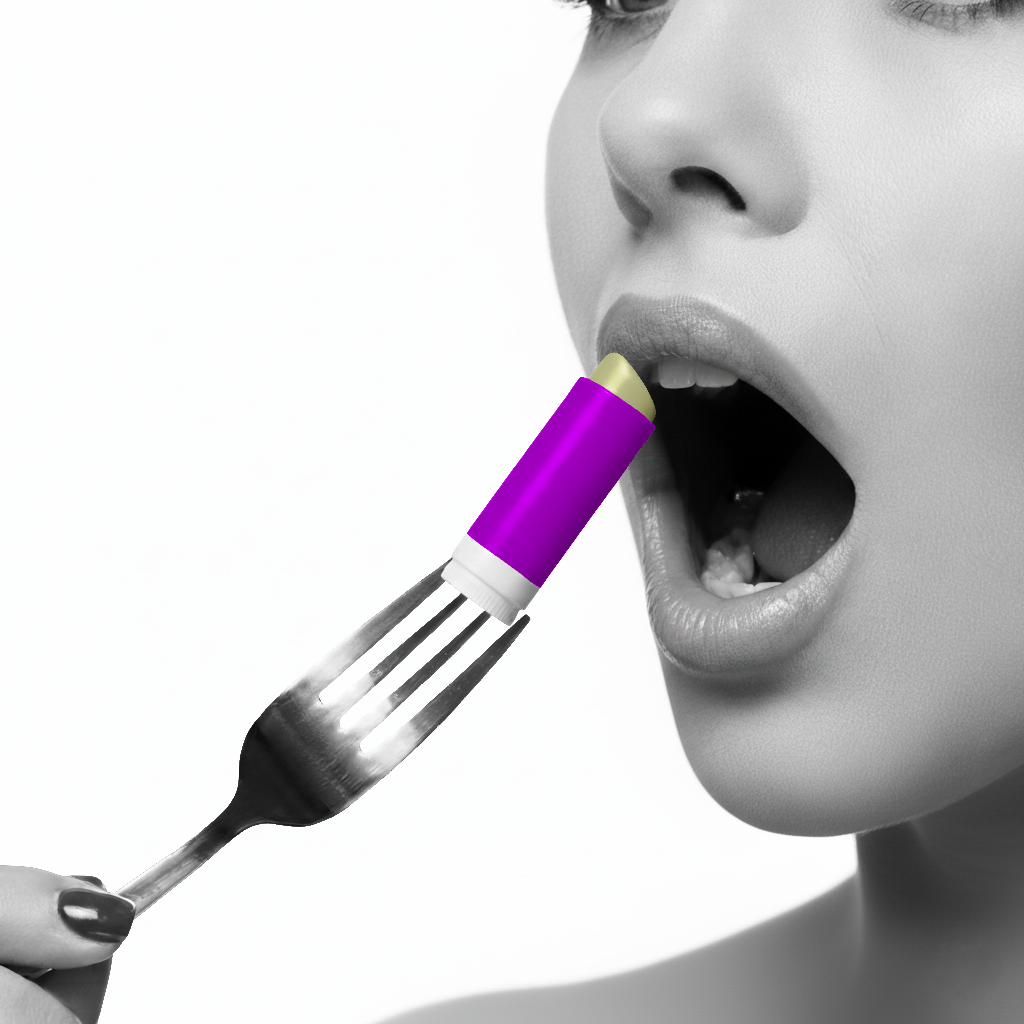 A woman appears shocked as she eats a purple lip balm tube with a fork, emphasizing the dangers of ingesting non-toxic lip balm ingredients.