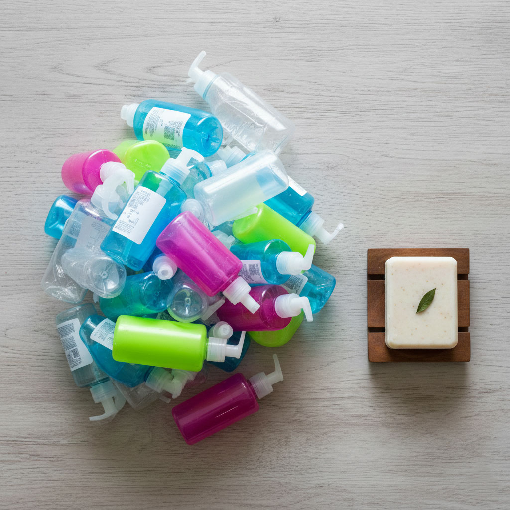 A wooden soap dish holds a single, natural bar of hand soap with a green leaf, next to a large pile of brightly colored, empty plastic liquid hand soap pump bottles.