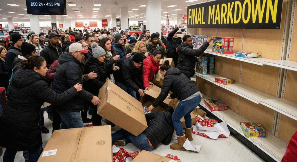 A frantic crowd of shoppers in a Christmas rush highlighting the stress of finding the Best Non-Toxic Gifts.
