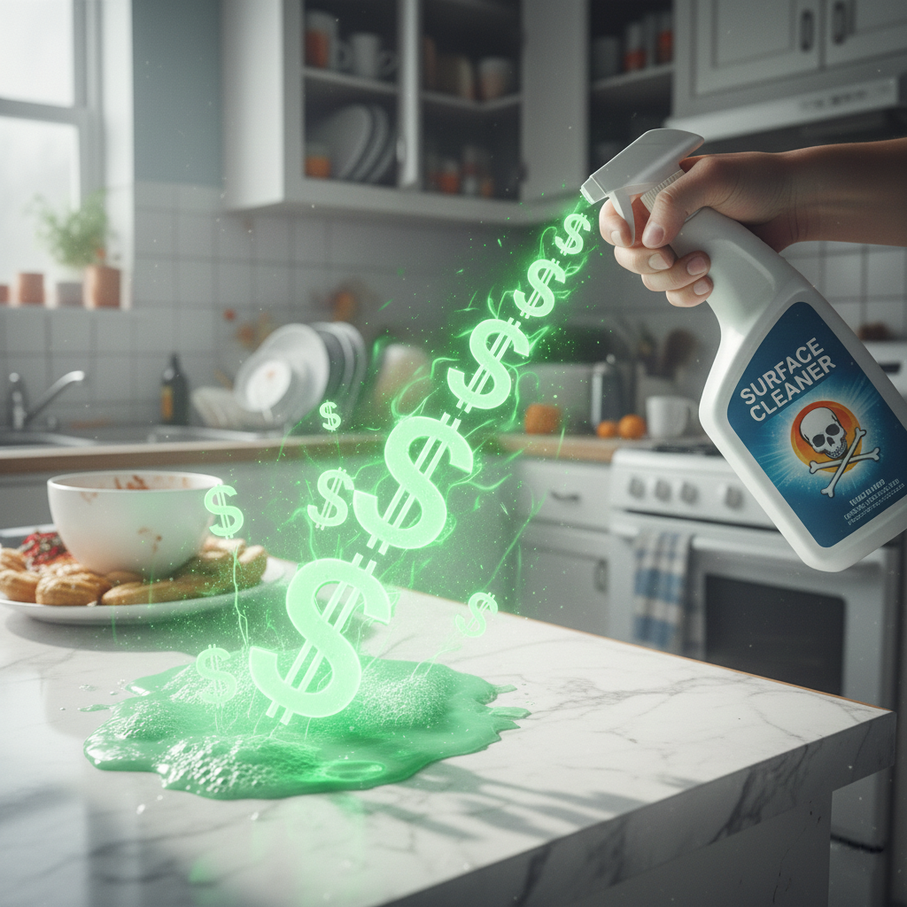 Hand spraying toxic green dollar signs from a generic surface cleaner bottle in a bright, clean kitchen.