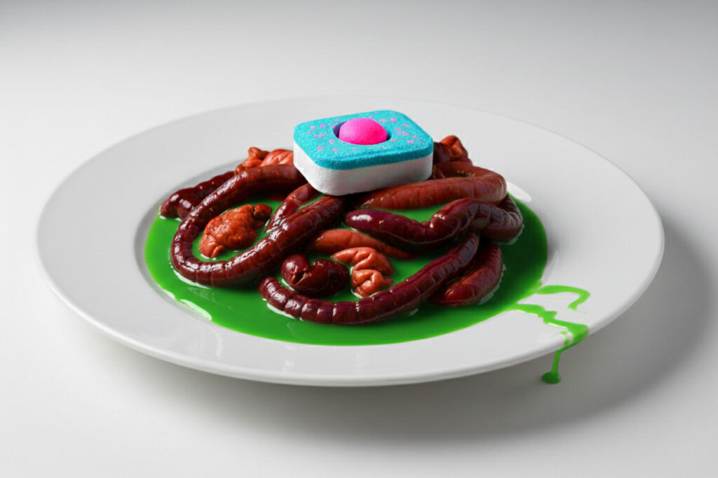Shocking conceptual image of a toxic dishwasher tablet leaking green fluid onto a plate of intestines, illustrating the link between detergent chemicals and leaky gut syndrome.