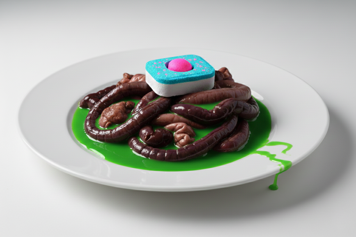 Shocking conceptual image of a toxic dishwasher tablet leaking green fluid onto a plate of intestines, illustrating the link between detergent chemicals and leaky gut syndrome.