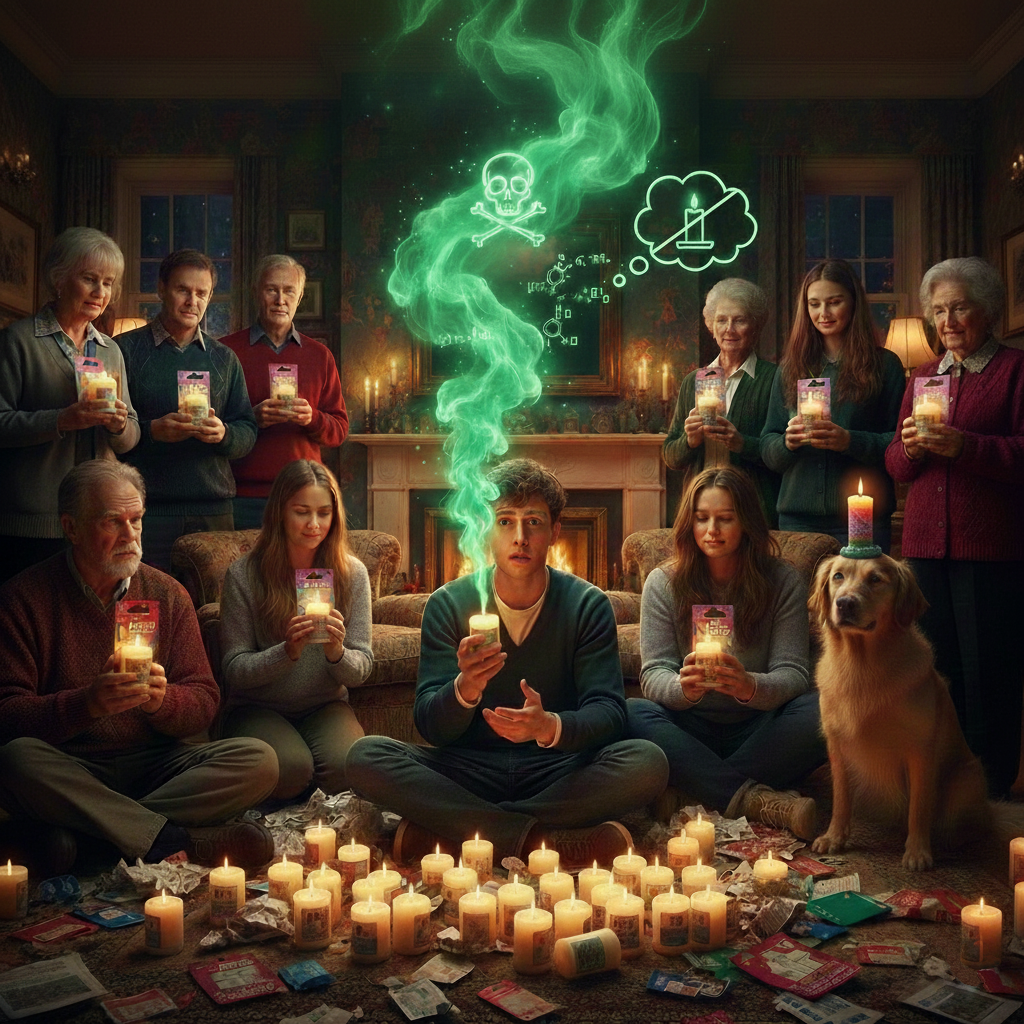 Family members (Mum, Dad, sister, dog) sitting by a Christmas tree, unhappily holding identical, cheap non-toxic candles on the carpet.