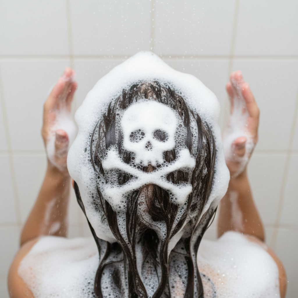 A woman in the shower washing her long, wet hair, with toxic symbol illustrating the daily skin barrier exposure to chemicals like formaldehyde and phthalates found in conventional shampoos. This image reinforces the need for the best non-toxic shampoo swaps.