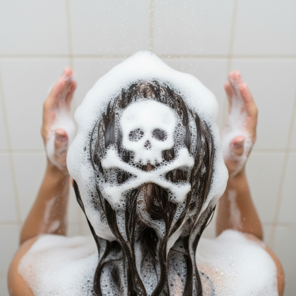 A woman in the shower washing her long, wet hair, with toxic symbol illustrating the daily skin barrier exposure to chemicals like formaldehyde and phthalates found in conventional shampoos. This image reinforces the need for the best non-toxic shampoo swaps.