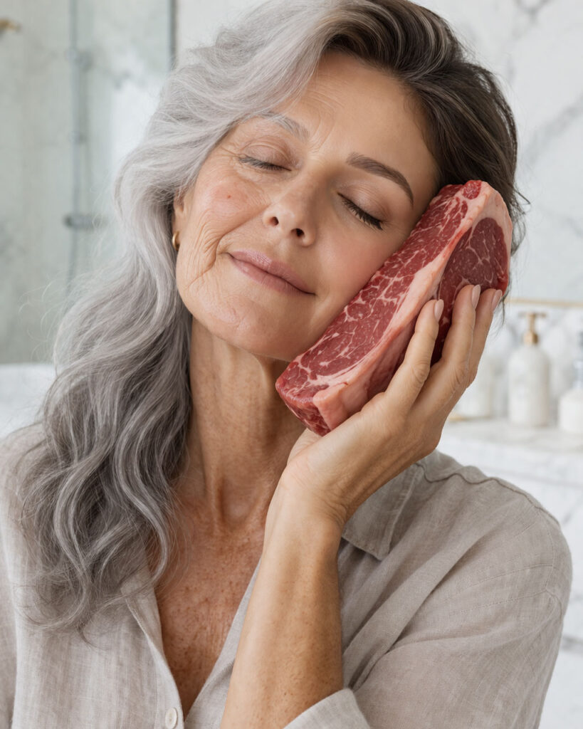 A photorealistic image of a woman with old aged skin one side and glowing skin the other side rubbing a raw marbled beef steak against her cheek in a bright, modern bathroom to represent the "gross factor" of tallow moisturizer.