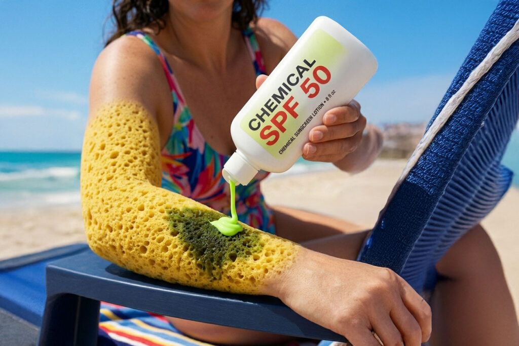 A surreal image of a woman’s arm with a yellow sponge texture while she holds a chemical sunscreen bottle to illustrate how ingredients absorb into the skin.