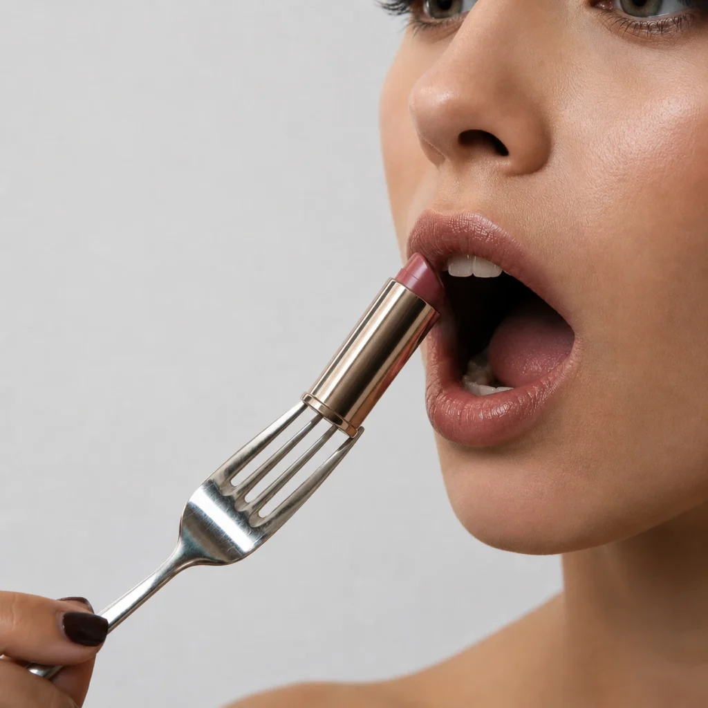 Woman Eating Lipstick on a Fork Close-up of a woman with her mouth open ready to eat a tube of lipstick from a silver fork, representing cosmetic ingestion.